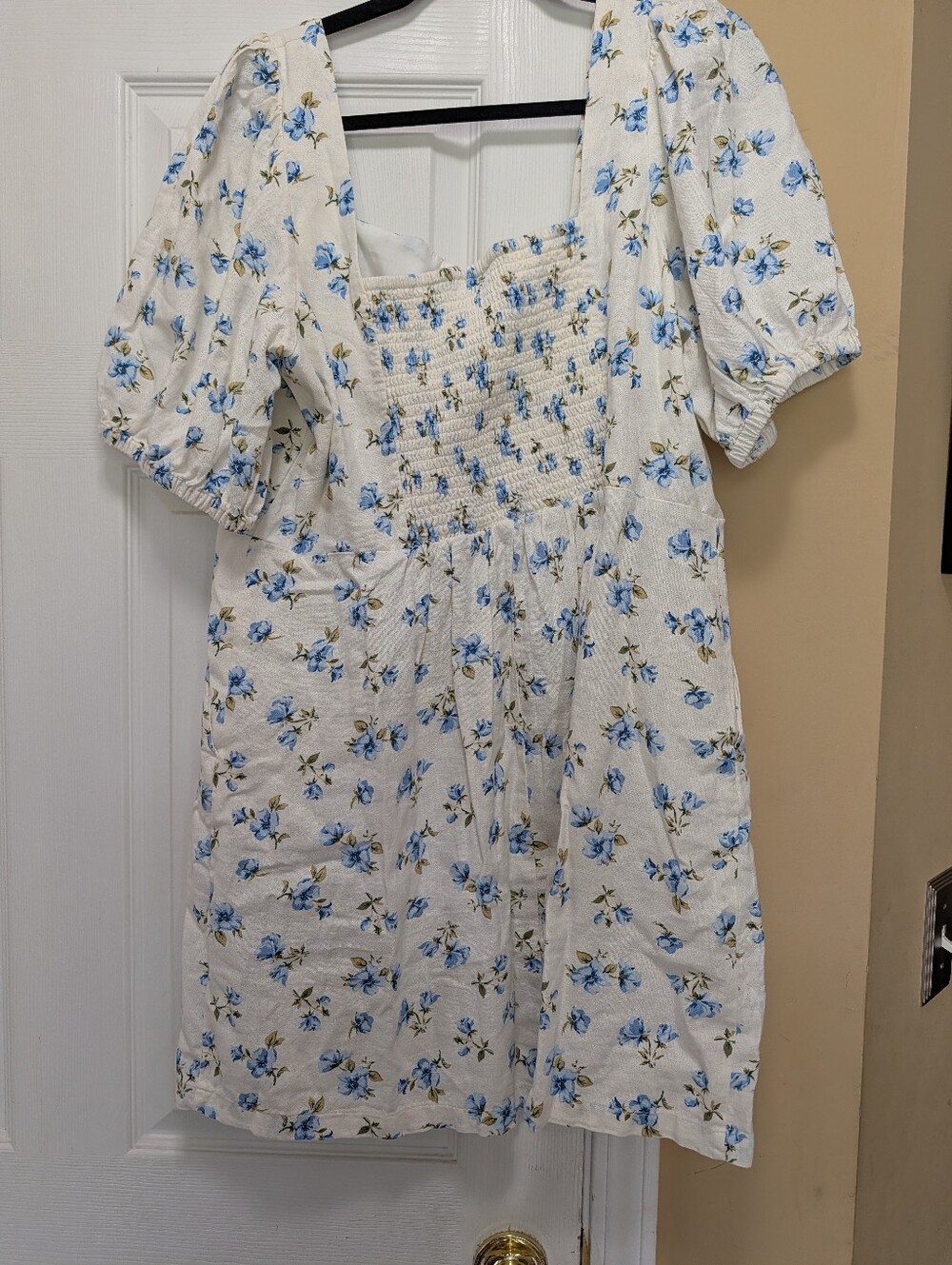 New Boho Linen Puff Sleeve Smocked Back Baby Doll Floral Mini Dress Pockets! - Picture 10 of 12